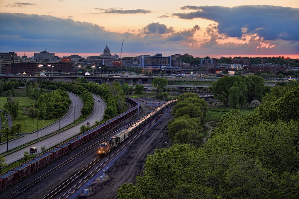 St Paul skyline and view of rail lines