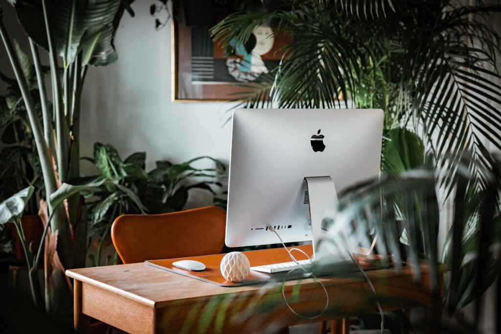 An office with many plants and a desk with an iMac 