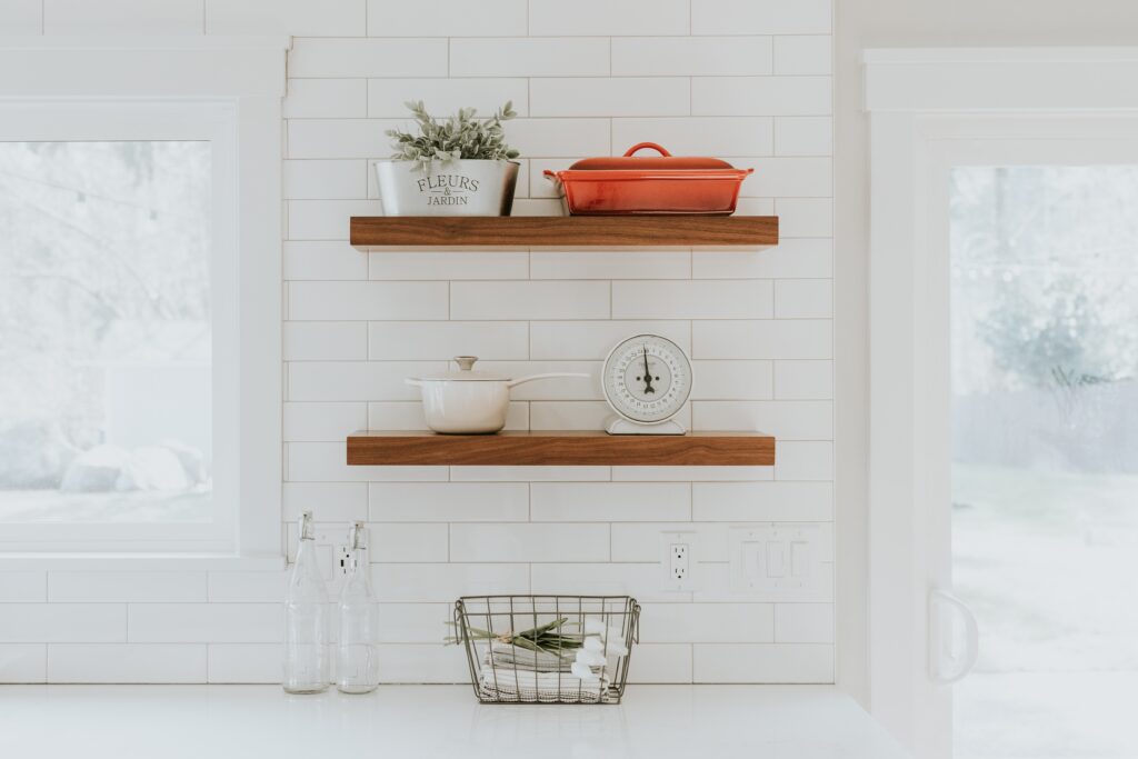 shelves in kitchen with a farmhouse style