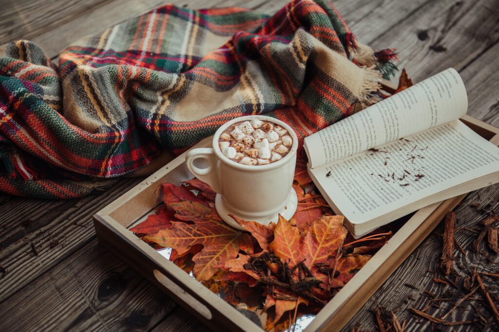 fall decorating coffee with blanket