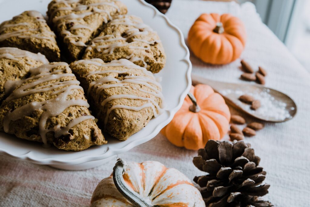 fall decorating on table with pastries