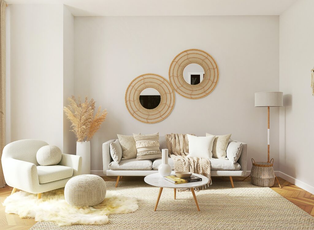 white and tan living room