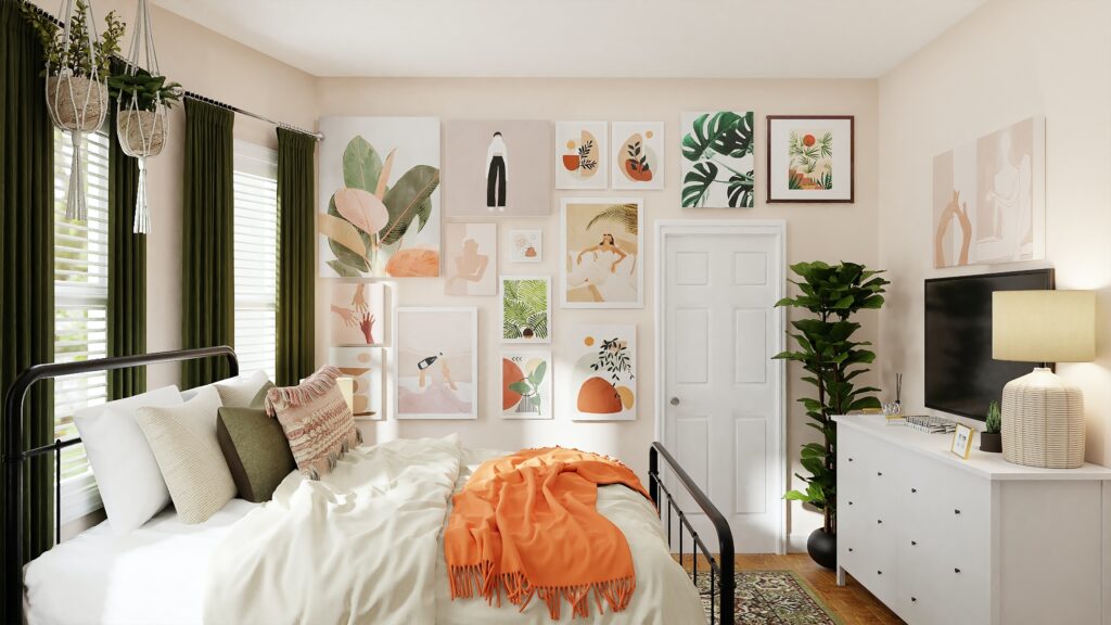 bright bedroom with a bright and airy maximalism design