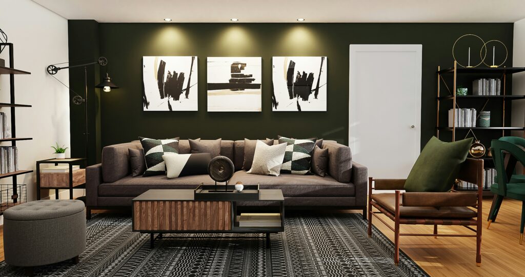 dark green maximalism living room