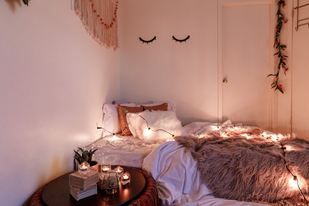 cozy bedroom with lights on