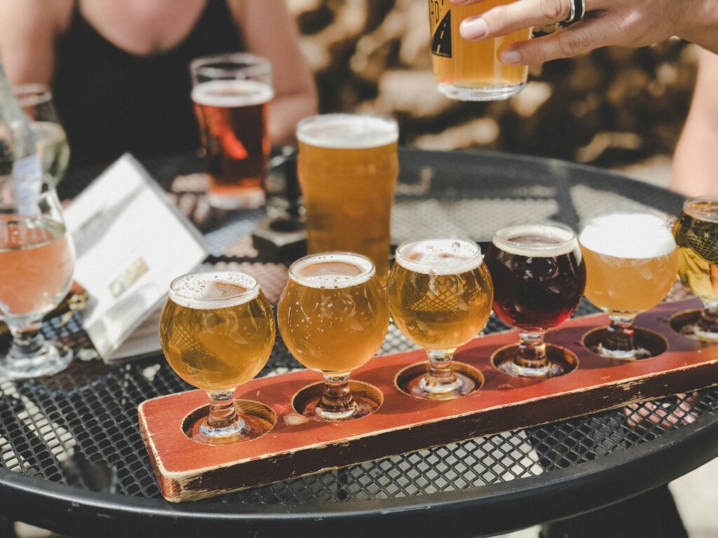 beer tasting at a patio table outside